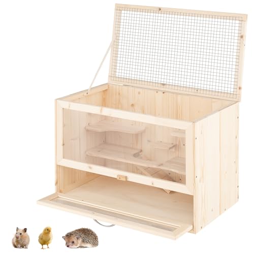 FANTASK Hamsterkäfig mit klappbarem Deckel, Nagerkäfig mit Netz-Klappdeckel, Multi-Leitern Bereiche, Rampe, Acryl-Panel & abschließbare Tür, Kleintierkäfig, 60 x 35,5 x 42 cm
