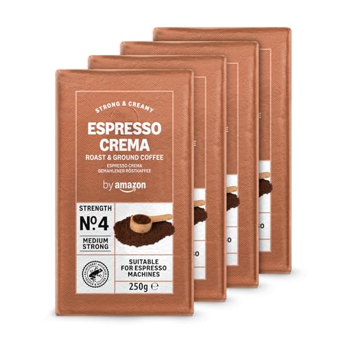 by Amazon Espresso Crema Gemahlener Röstkaffee, 1kg (4 Packs of 250g), Rainforest Alliance-Zertifizierung