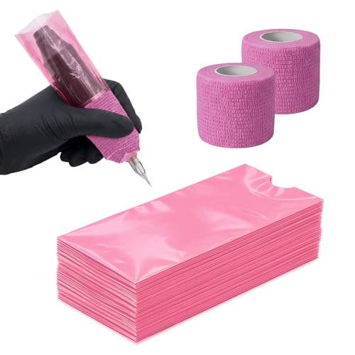 Flintronic Tattoo Stift Taschen Set + 2 Rollen Grip Tape, 6.5 * 18cm Pen Cover für Tattoo Maschinenabdeckungen Zubehör Rot