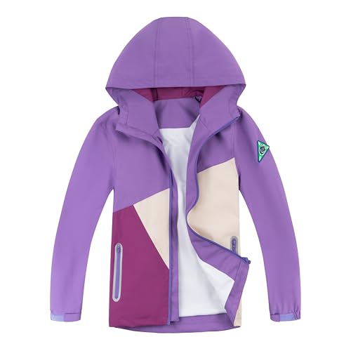 YOUNGSOUL Kinder Regenjacke mit Farbblock Mädchen Jungen Softshelljacke Übergangsjacke Win und Wasserdicht Windjacke mit Kapuze Lila DE: 128-134 (Herstellergröße 130)