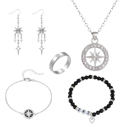 XFSRG 5 Stück SKZ Schmuckset Damen und Mädchen Glamour Achtzackiger Stern Anhänger Halskette Ohrringe Armband und Ring Set Geschenk für Frauen Männer
