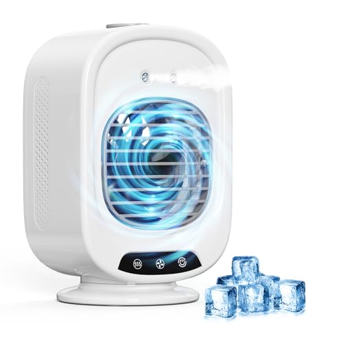Mobile Klimaanlage, Mini Luftkühler mit 300mL Wassertank, 3 Geschwindigkeiten, 2 Sprühmodus, Mobil Klimagerät USB, Klimaanlage mobil für Büro, Schlafzimmer, Camping (Weiß)