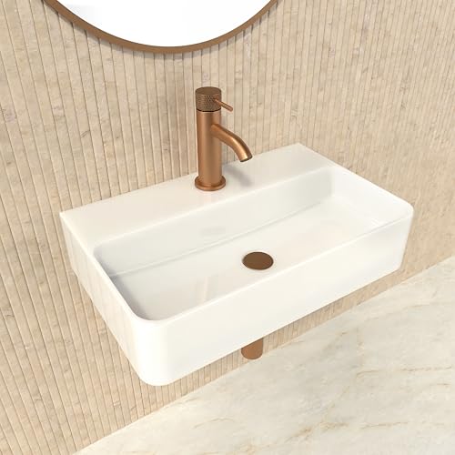 HOGART Waschbecken Wandmontage Keramik 45x28cm Weiß, Rechteckiges Hängewaschbecken oder Aufsatzwaschbecken mit Hahnloch ohne Überlauf, Handwaschbecken Klein für Gäste WC, Kleines Bad (45x28.5x10.5 cm)