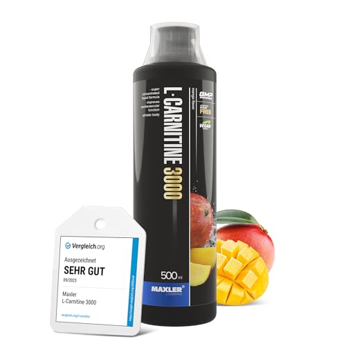 Maxler L-Carnitine 3000 - Mango - 500ml - Hochdosiertes L Carnitin Liquid - Vegane Nahrungsergänzuing - 3000mg Wirksotff pro Portion - 20 Portionen - Inklusive Messbecher