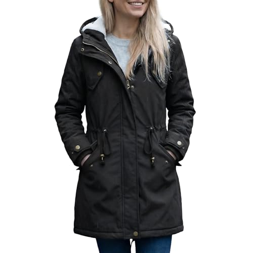 YYNUDA Wintermantel Damen Warm Gefüttert Winter Parka Mittellang Winterjacke Winterparka mit Fellkapuze Dicke Coat Große Größen #337 Schwarz L