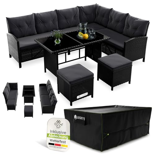Juskys® Polyrattan Lounge Manacor mit Ecksofa, Esstisch, 2 Hocker & Kissen inkl. Abdeckung - wetterfest bis 7 Personen - Bezüge waschbar - Rattan Garten Sitzgruppe Gartenmöbel Set - Schwarz/Grau