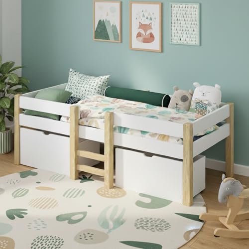 Bellabino Aspy Kinderbett 90x200 cm – Hochbett mit 2 Schubladen, Rausfallschutz & Lattenrost – Halbhochbett mit Leiter aus Kiefer Massivholz in Weiß/Natur – Jugendbett mit Stauraum