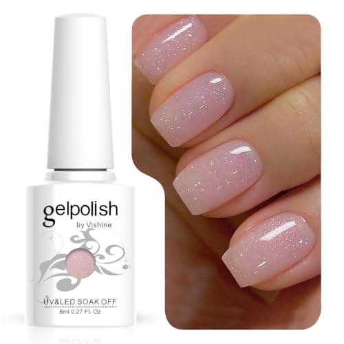 Vishine Semi-permanenter Gel-Nagellack Transparent Glitzer Rosa Nude, Jelly Milky Glitter Nagellack Soak-Off UV LED Nude Für Nagelstudio DIY Zuhause 8ml