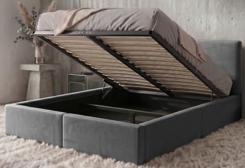 Interbeds Polsterbett 120x200 cm mit Bettkasten und Lattenrost – Stauraumbett Doppelbett in Grau Pflegeleichter Samtbezug Gepolstertes Bettgestell belastbar bis 300 kg ohne Matratze (Grau, 120x200)
