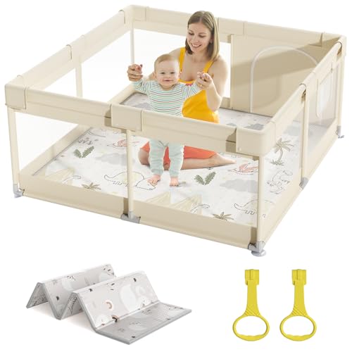 Mloong Laufstall Baby mit Matratze, 120x120 Kleines Laufgitter Baby mit Matte, Laufstall für Apartment, Laufgitter mit Atmungsaktivem Netz an Vier Seiten und Saugnäpfen