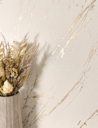 Newroom Tapete Beige Vliestapete Marmor - Marmoroptik Modern Creme Gold Metallic Marmor-Tapete 3D Optik Luxuriös Edel inkl. Tapezier-Ratgeber