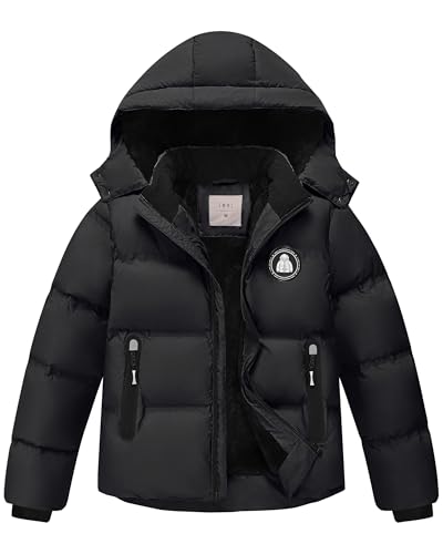 Zoofly Winterjacke Jungen Kinder Jacke Warm Gefüttert Puffer Jacken Kinderjacken Winter mit Abnehmbar Kapuze Wanderjacke, Schwarz 152 (L)