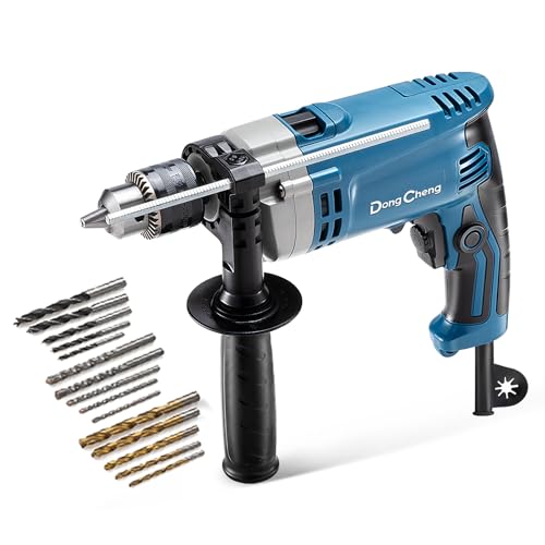 DongCheng Schlagbohrmaschine 710W, 2-in-1 Schlagbohrer, 13mm Bohrfutter, 45,000 IPM, 3000 RPM, 360 ° drehbarer Griff, mit 15 Stück Bohrkronen für Metall, Holz und Ziegelmauer