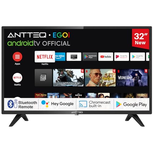 Antteq AG32H3 Smart TV 32 Zoll Bluetooth (Fernseher 80 cm) Android TV mit WLAN, Sprachassistent, Triple Tuner (DVB-C/S2/T2), Google Play Store (DAZN/Netflix/Prime Video), WiFi