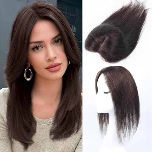Unipearl Haar Toppers für Frauen Echthaar Braun Clip in Haarteile Echthaar für Dünnes Haar Oberkopf Flauschiger Hair Topper Ohne Pony