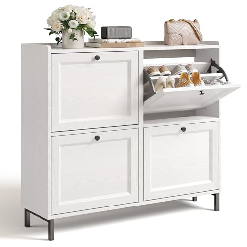 Bealife Schuhschrank mit 4 Klappen – dünner und moderner Schuhschrank mit eingezäunter Decke, Stauraum für Eingang/Flur, 99 x 24 x 91 cm, Kapazität 16 Paar (weiß)