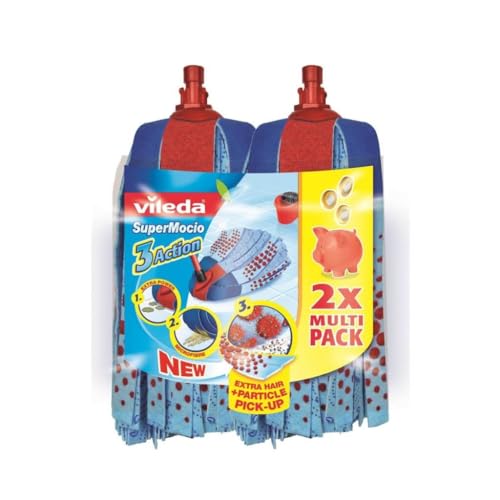 Vileda SuperMocio 3Action Wischmopp Ersatzkopf, Mikrofaser Moppkopf mit Schrubberzone und Velours Fasern, ideal für Fließen und Steinböden, 2er Vorteilspack
