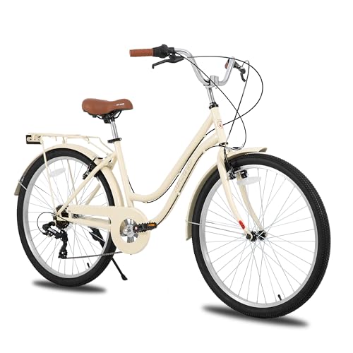 HILAND 26 Zoll Cruiser Bike für Männer und Frauen, Step-Through Rahmen Cityräder für Erwachsene mit Gepäckträger, Herren und Damen 7 Gang Pendler Stadtfahrrad, Beige