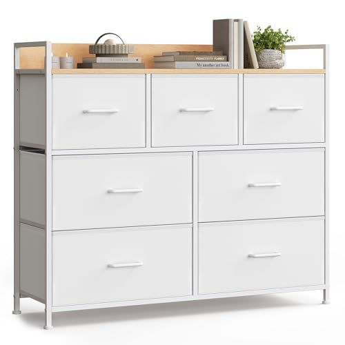 SONGMICS Kommode, Schrank, 7 Stoffschubladen mit Griffen, Metallgestell, Industrie-Design, wolkenweiß-eichenbeige LTS523W57