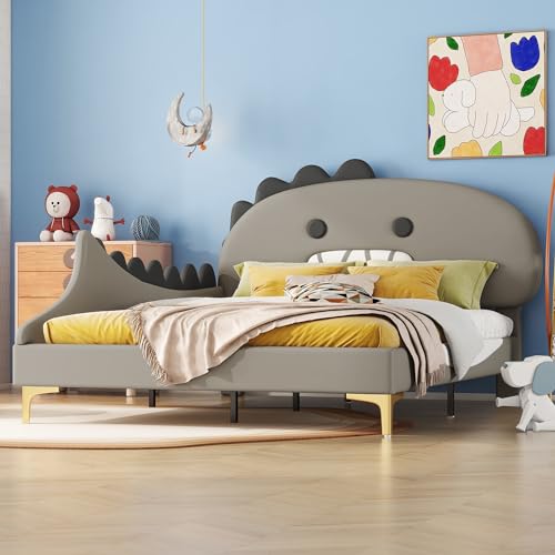 RIAZOS Bett 140x200 mit Lattenrost Kinder Mädchen Doppelbett, Kinderbett, Dinosaurierform, Bettgestell, Jugendbett, Bett für Jungen und Mädchen, PU, ohne Matratze