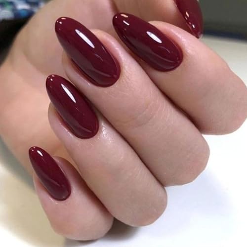 LunarCharm 30er-Set Weinrot Press-on-Nägel, kurze mandelförmige Kunstnägel, wiederverwendbares Nagelset mit Nagelkleber, Klebetabs und Nagelfeile, Rot