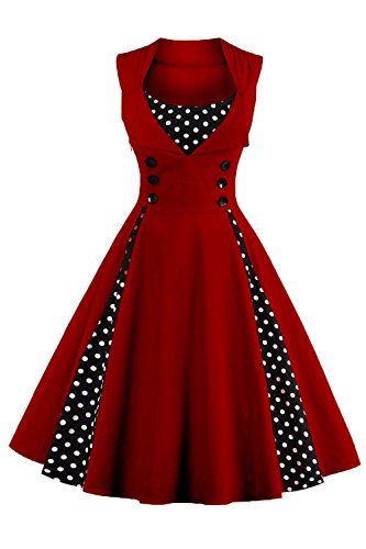 Axoe Damen 50er Jahre Cocktailkleid Rockabilly Elegantes Faltenrock Festliches Partykleider Vintage Kleid Audrey Hepburn Abendkleider mit Polka Dots Knielang, Weinrot, 3XL (48 EU)
