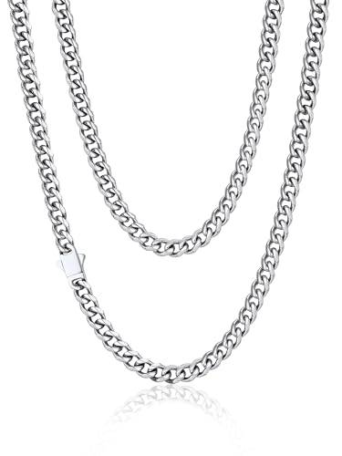 PROSTEEL Kette für Herren Damen, Edelstahl Punk Panzerkette, Hip pop Halskette Cuban Chain necklace, 6mm breit, Kubanische Halskette silber 55cm lang