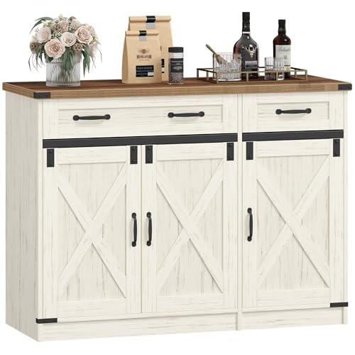 Hzuaneri Küchenschrank, Buffetschrank mit 2 Schublade, Sideboard mit 3 Türen, Verstellbare Einlegeböden, Landhausstil, Küche, Wohnzimmer, 40 x 108 x 80 cm, Vintageweiß-honigbraun, SC85814X
