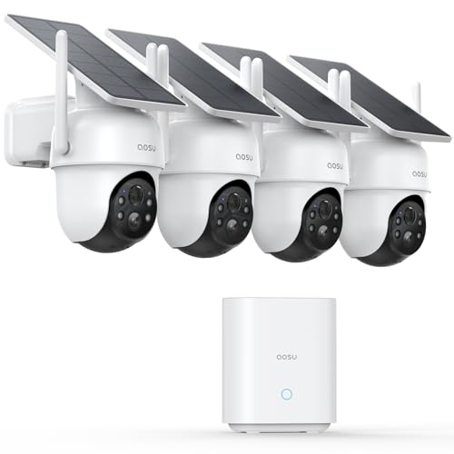 aosu 2K Überwachungskamera Aussen Solar Akku, 4 Cam-Kit & aosuBase, Kein ABO Nötig, 360° Panorama Kabellose Kamera, 32GB Lokaler Speicher, Auto-Tracking, Farb-Nachtsicht, 2 Wege Audio, 5G & 2.4G WLAN