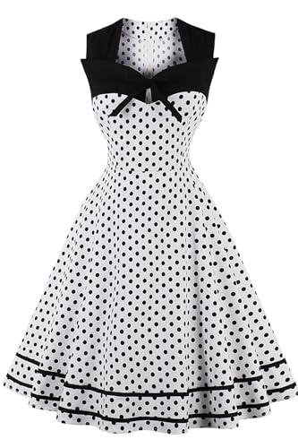 AXOE Damen Rockabilly Kleid 50er 60er Jahre Vintage Elegant Festlich Cocktailkleid für Hochzeitsgast Weiß mit Schwarzen Punkten, Gr. 38, M
