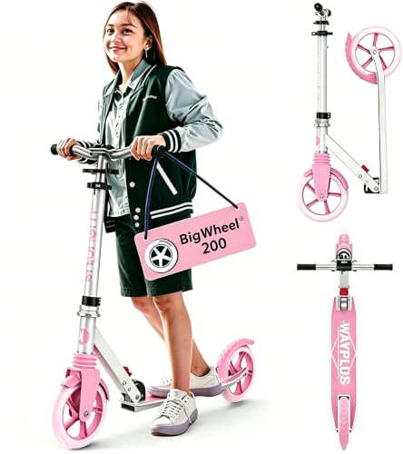 WAYPLUS Cityroller für Kinder, Jugendliche & Erwachsene ab 6 Jahren, Leicht & Zusammenklappbar, Max. Belastbarkeit 108kg, 205mm Räder mit ABEC9 Kugellager, Höhenverstellbar & Inkl (Pink)