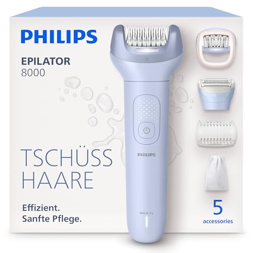 Philips Epilierer Series 8000 - Kabelloser Epilierer für Nass- und Trockenanwendung, Haarentfernung für Beine und Körper, mit ProGuide, 5 Zubehörteile, 60 Min. Akku, Modell BRE709/00
