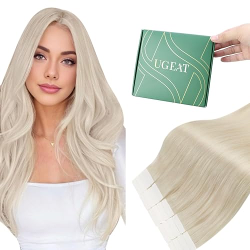 Ugeat Tape in Extensions Echthaar Blond Tape Extensions Echthaar Blond Remy Echt Haar Haarverlängerungen Tape-in Platinblond Glatt für Frauen Weißblond 30 cm 60A 30g 20 Stück