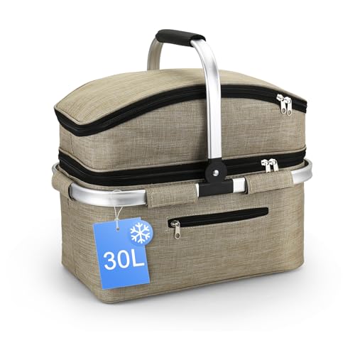 Nagoyuki 30L Einkaufskorb, Kühltasche, Faltbarer Kühlkorb, Doppellagige Einkaufstasche, Praktischer Einkaufskorb mit Gepolsterten Griffen, Ideal Für Reisen, Picknick, Einkaufen, Geschenk (Khaki)