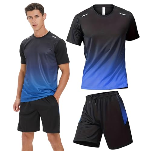 BOOMCOOL Fitnesscenter-Kleidung Trainingsshorts und Langarm-Shirts für Herren, Laufkleidung, schnell trocknend, Sport-Outfit-Sets, 6er-Pack, Blau, Large