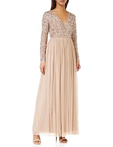 Maya Deluxe Damen Ladies Maxi Dress for Women with Long Sleeves V Neckline Plunging Sequin Embellished for Wedding Guest Bridesmaid Prom Kleid, Taupe Blush, 40 DE (12 UK)