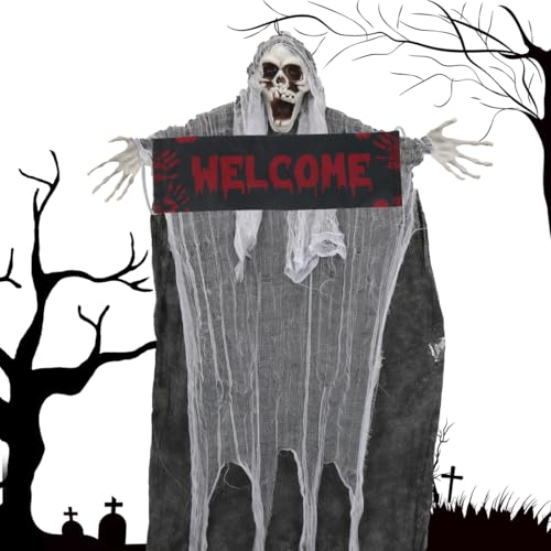 Augesak Halloween Deko Hängend 120cm Gruselig Sensenmann Dekoration Halloween Deko Outdoor XXL Horror Geister mit Welcome Schild Hängedeko für Helloween Draußen Garten Outdoor Balkondeko (Schwarz)