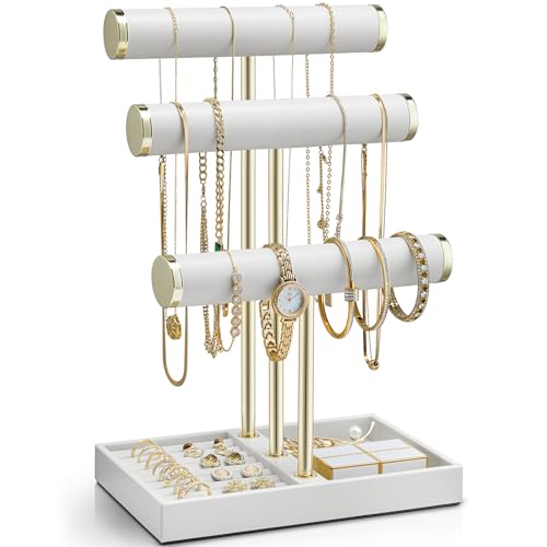 Vlando Armbandhalter mit 3 Ebenen, mit Tablett, Leder-Schmuckständer für Damen, Schmuckhalter für Halskette, Uhren, Ringe, Ohrringe, Armreif, Haargummi, Weiß