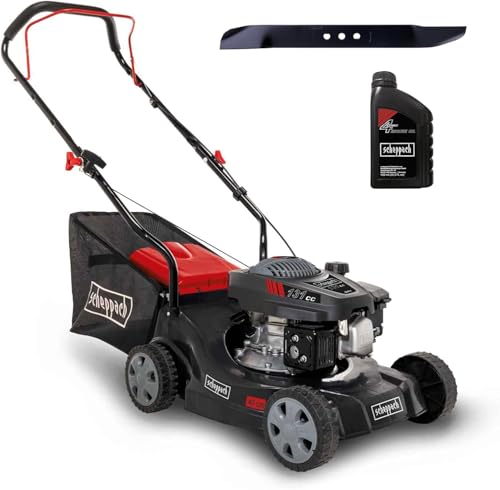 Scheppach Benzin Rasenmäher MP132-40 mit 40cm Schnittbreite | Leistung 3,3PS / 2,4kW | 3-fache Schnitthöhenverstellung | 35 L Fangkorb | geeignet bis 600 m² | große Laufräder | inkl. Ersatzmesser & Öl