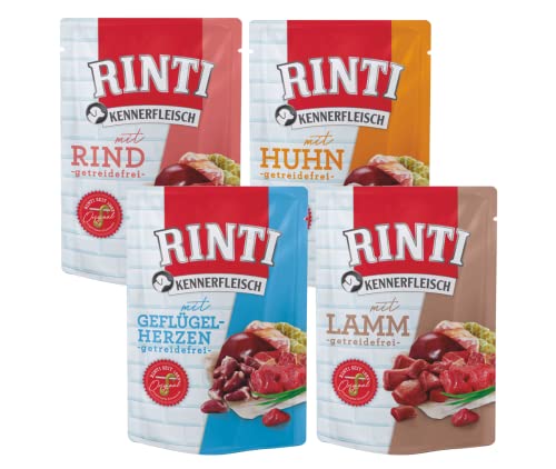 Rinti-Kennerfleisch 20 x 400g Mixpaket | 4 garantierte Sorten | getreidefreies Nassfutter mit 70% Fleisch & Innereien | ohne Soja | Hundefutter