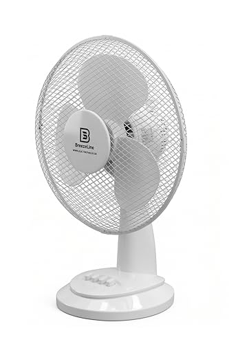 Breezeline Tischventilator 30 cm mit EnergySilence 3 Geschwindigkeitsmodi 90° Oszillation 40° Neigung hochwertiges Metallgehäuse kompakter Ventilator für Büro Küche und Schlafzimmer