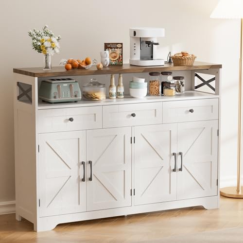 BonVache Sideboard, Küchenschrank mit Schubladen, Aufbewahrungsschrank, Anrichte mit Offenem Regal, Kaffeebar Schrank für Küche, Esszimmer, Wohnzimmer, 130 x 35 x 95cm, Cremeweiß in Holzoptik