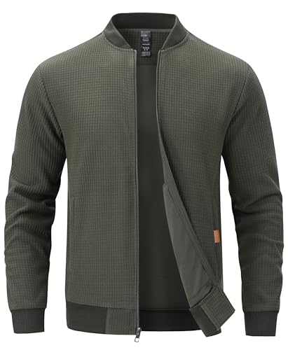 YuKaiChen Übergangsjacke Herren Jacke Leichte Bomberjacke aus Waffelstoff mit Reißverschlusstasche für Frühling Herbst Armygreen XL