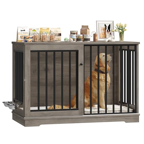 FirFurd Hundekäfig Möbel 120cm breit Hundebox für Zuhause Hundehütte XXL Hundekäfig aus Metall und Holz Hundebox für große Hunde 120 x 90 x 60 cm (Braun)