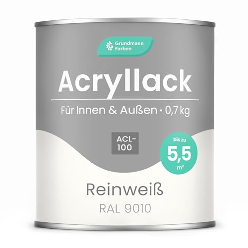 Grundmann Acryllack ACL 100 - Weiß 0,7 Kg - 4in1 Lack inkl. Grundierung - Innen und Außen - Für Holz, Metall, Stein & Kunststoff - Reinweiss RAL 9010