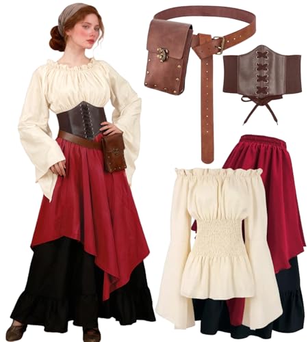 kasahara 5pcs Mittelalter Kleidung Damen Set, Retro Off Shoulder Bluse Kleid Renaissance Kostüm Victorian Bekleidung Maxi Dressm mit Corsett, Gürteltasche, Gürtel, Karneval Faschingskostüm (Red, M)