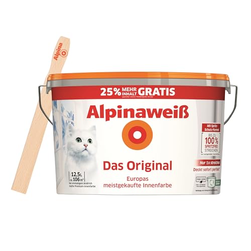 Alpinaweiß Das Original – optimal deckende und ergiebige weiße Wandfarbe – mit Spritz-Schutz-Formel – 12,5 Liter inkl. gratis Rührholz