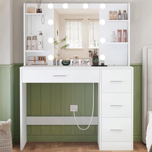 TEENFON Schminktisch mit Spiegel und Beleuchtung, Make-up Schminktische mit Steckdose, Schminktisch mit 4 Schubladen, 4 offenen Regalen, 5 Schmuckhaken für Schlafzimmer, Weiß