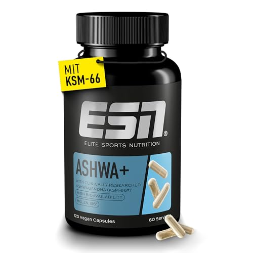 ESN Ashwa +, Ashwagandha hochdosiert, patentiertes KSM 66®, 120 Kapseln, mit Magnesium, Vitamin B6 & Zink - made in Germany
