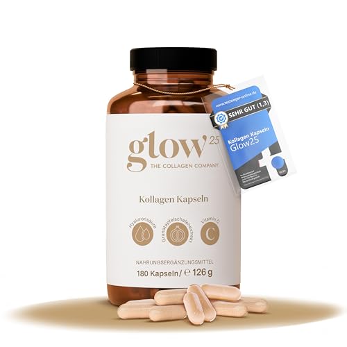 Glow25® Kollagen Kapseln hochdosiert [180 Kapseln] mit Hyaluronsäure und Vitamin C | Premium Collagen Complex | Laborgeprüft